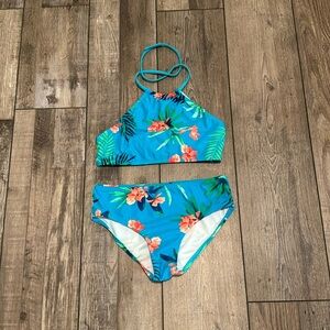 Blue Floral Two Piece Halter Swimsuit